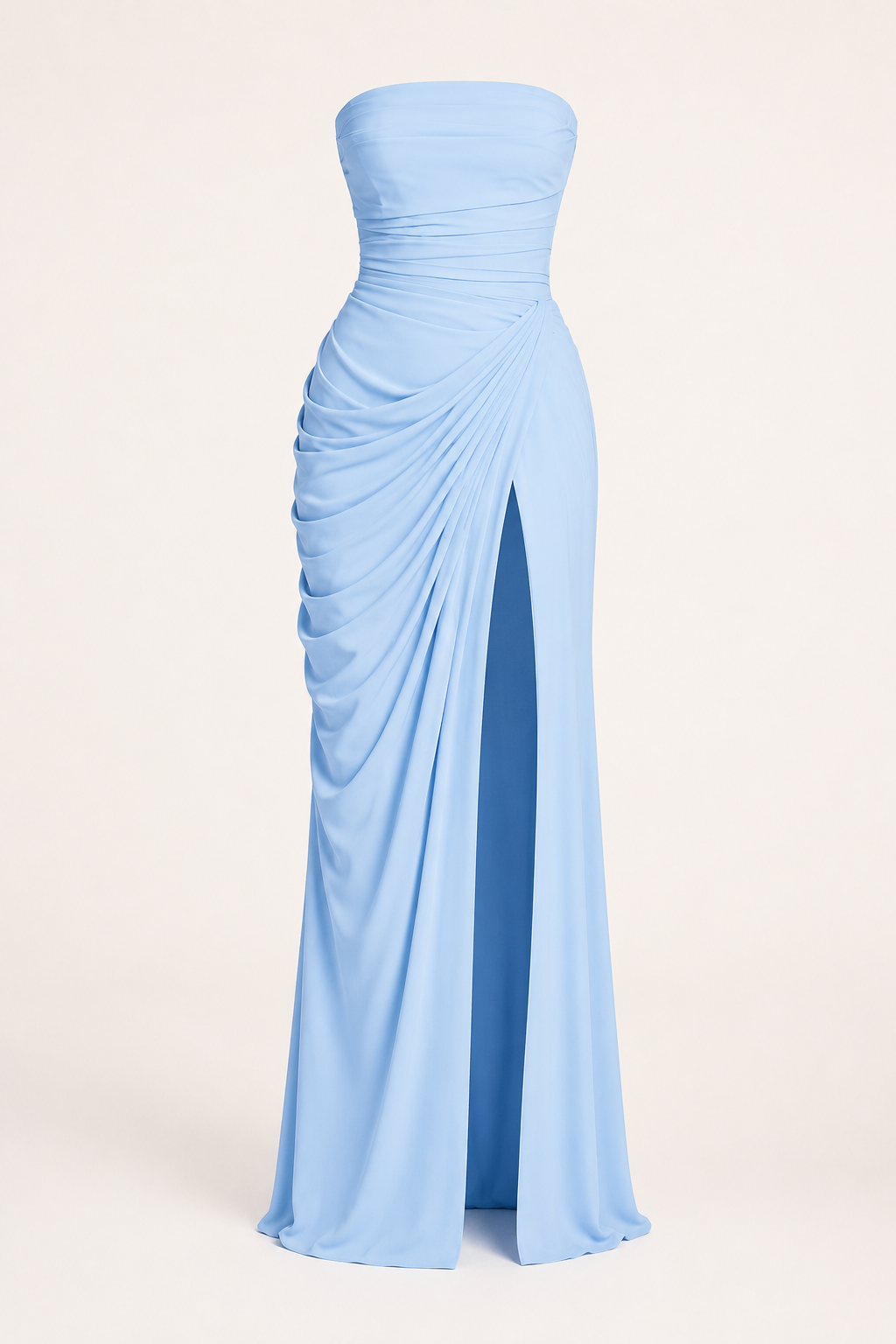 Vestido largo mujer evento elegante escote recto drapeado lateral abertura – Ottilie