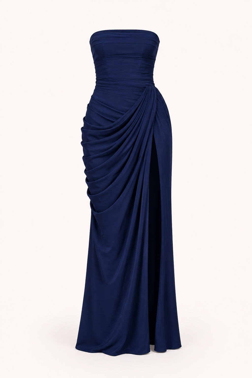 Vestido largo mujer evento elegante escote recto drapeado lateral abertura – Ottilie