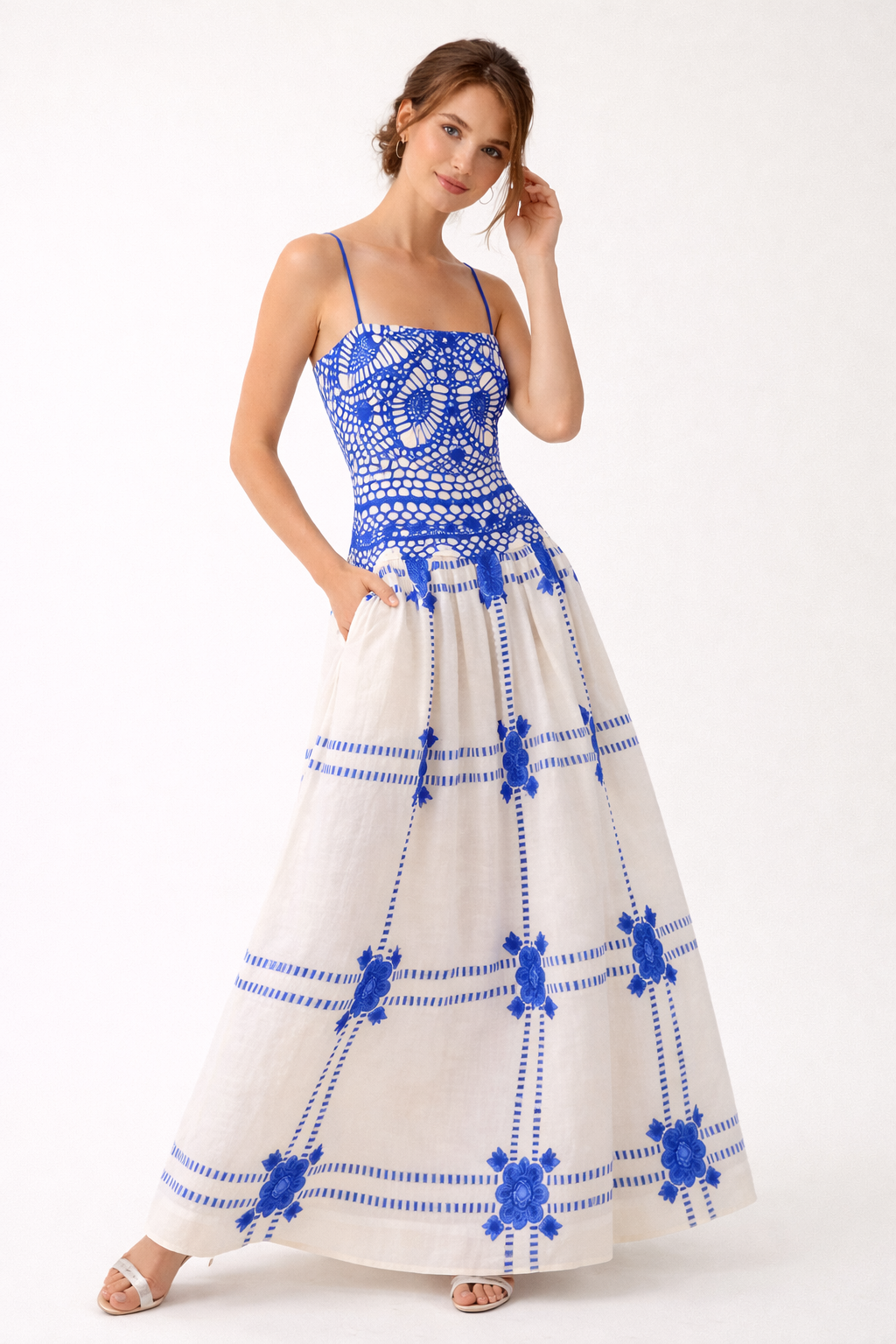 Vestido midi estampado tipo crochet con tirantes finos para mujer - Alba