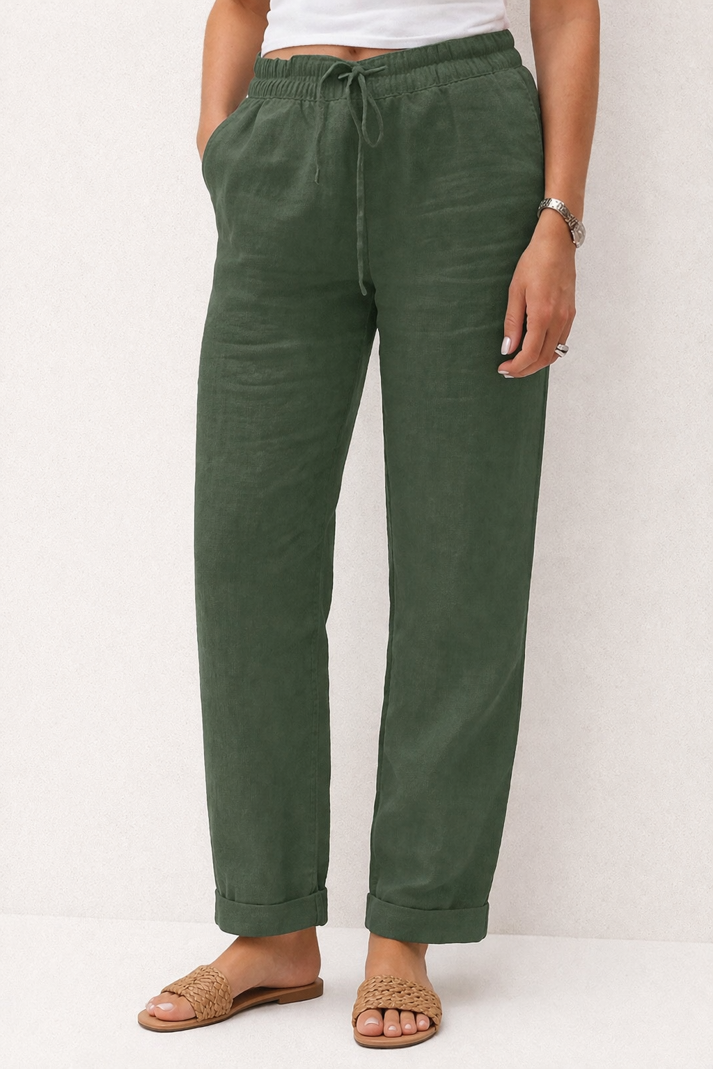 Pantalón de lino con cintura elástica y cordón para mujer - Helga