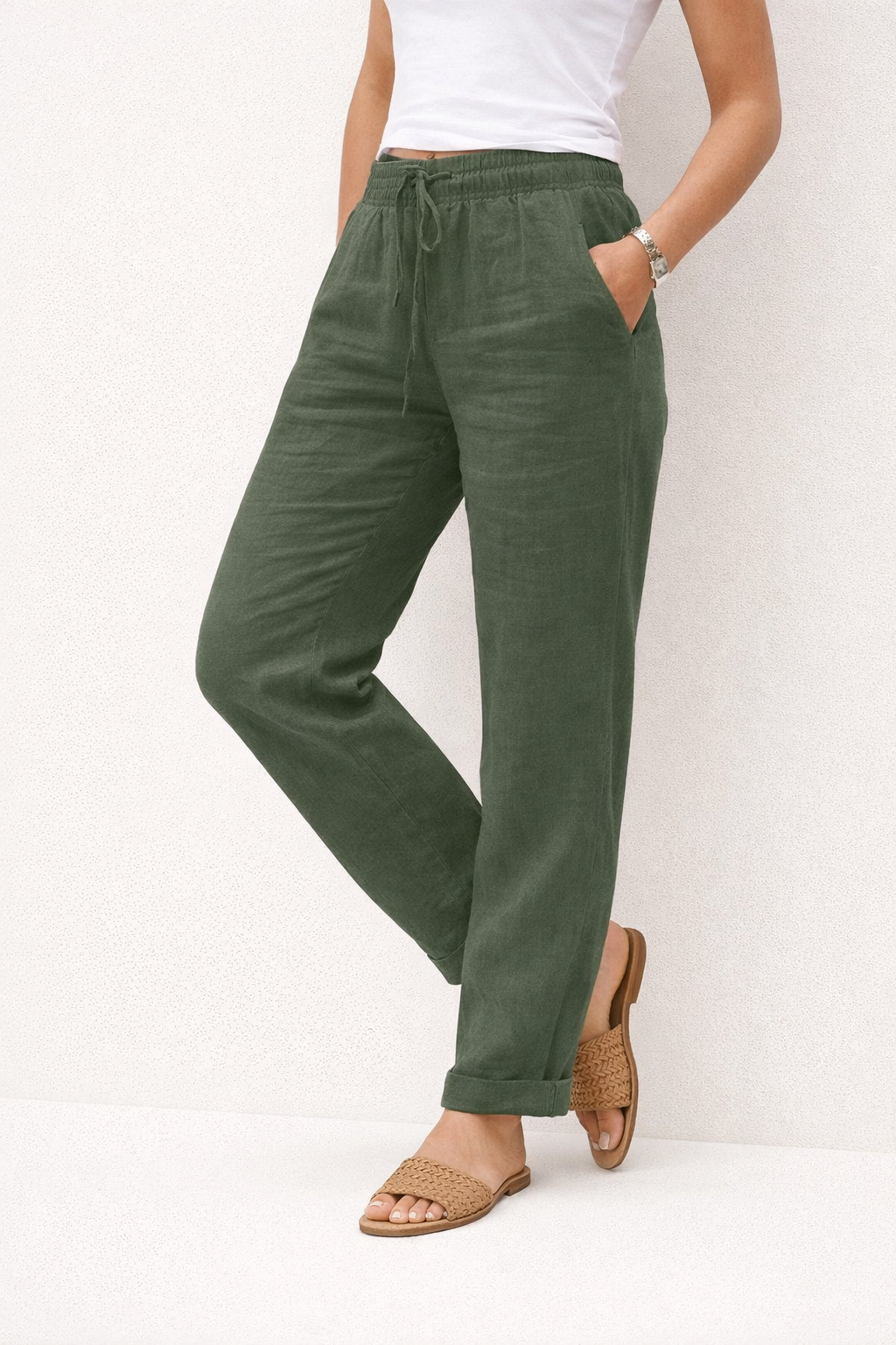 Pantalón de lino con cintura elástica y cordón para mujer - Helga