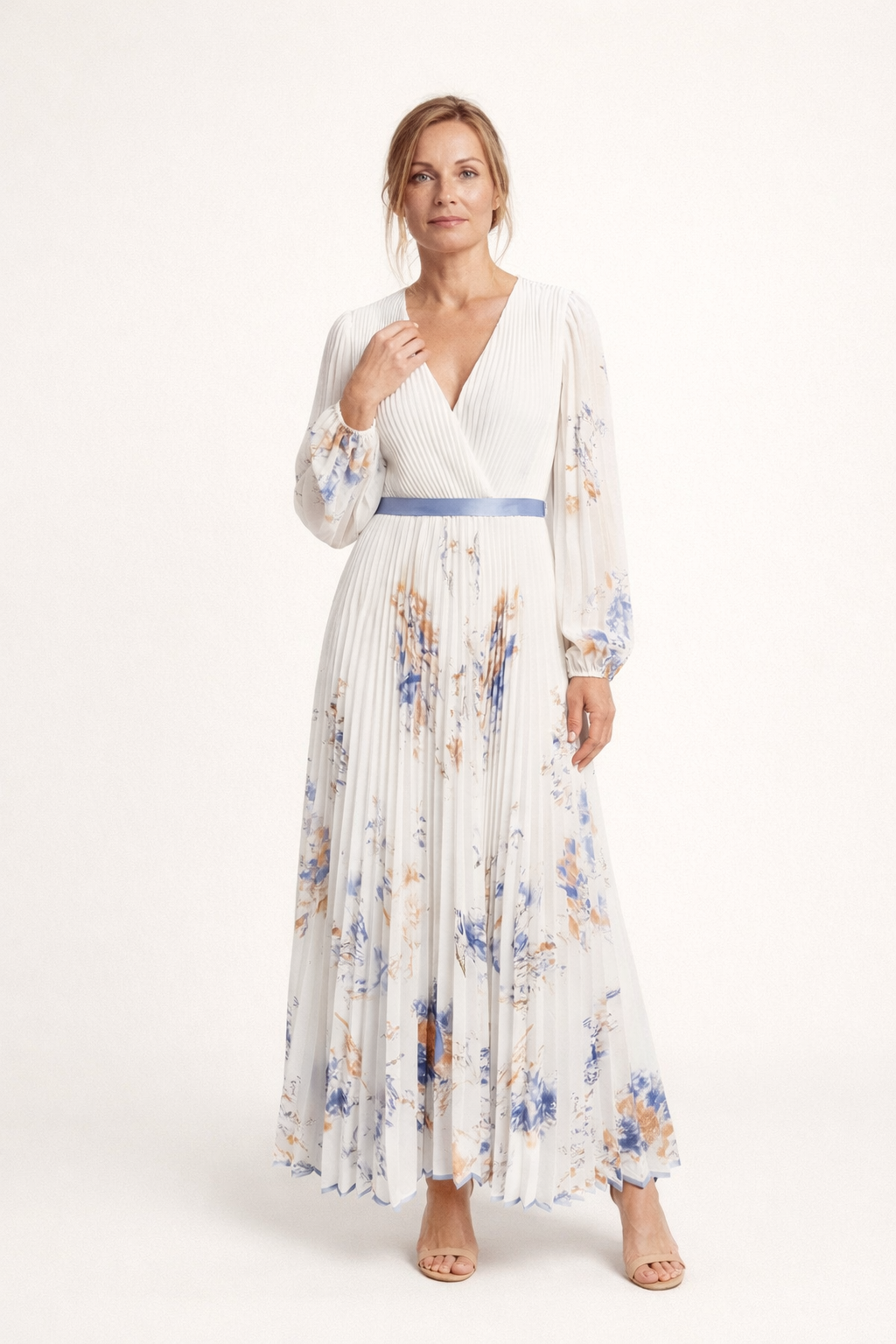Vestido maxi plisado con manga larga y escote cruzado para mujer - Alwine