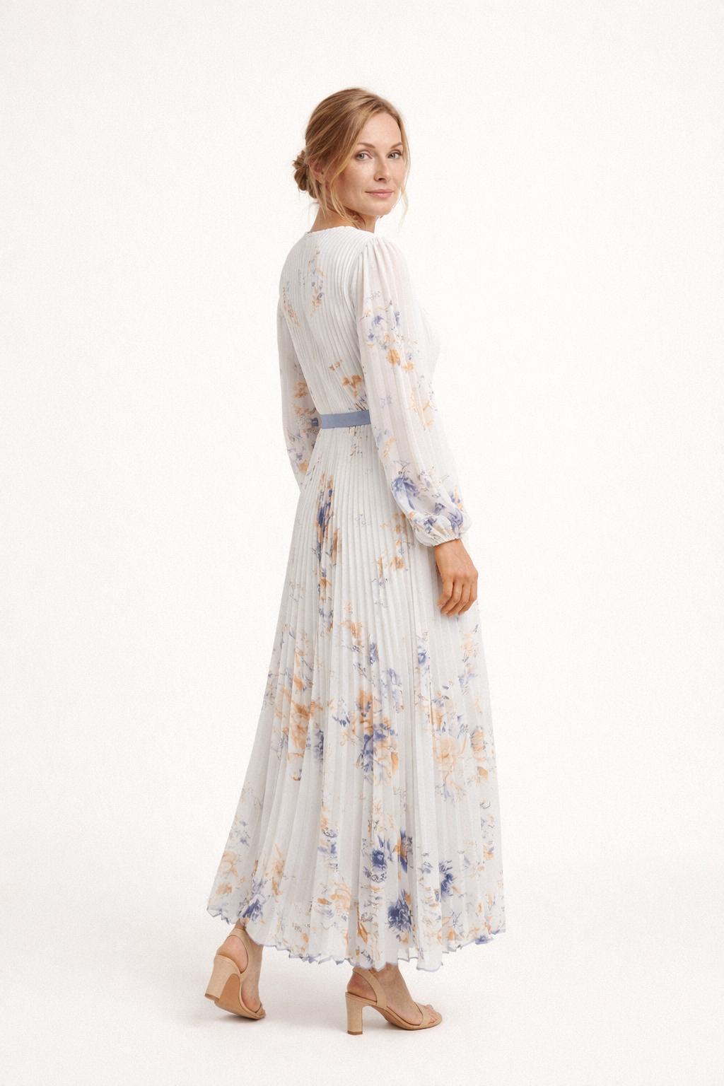 Vestido maxi plisado con manga larga y escote cruzado para mujer - Alwine