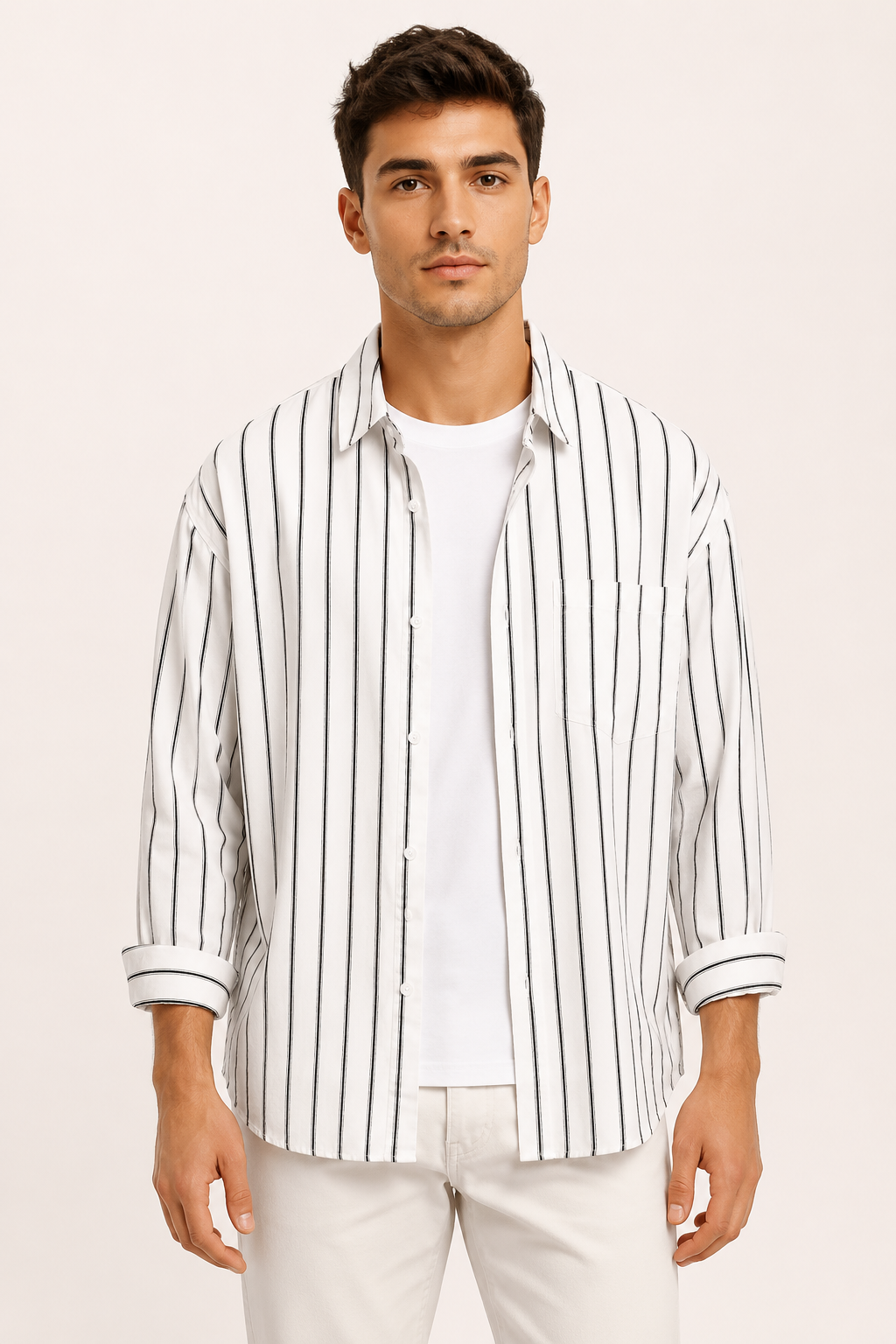 Camisa hombre rayas verticales manga larga bolsillo oversize – Matías