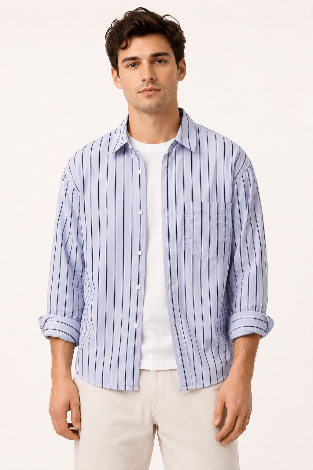 Camisa hombre rayas verticales manga larga bolsillo oversize – Matías