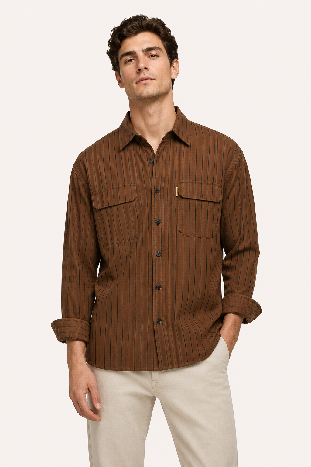Camisa hombre estilo mediterráneo rayas manga larga bolsillos casual – Kilian