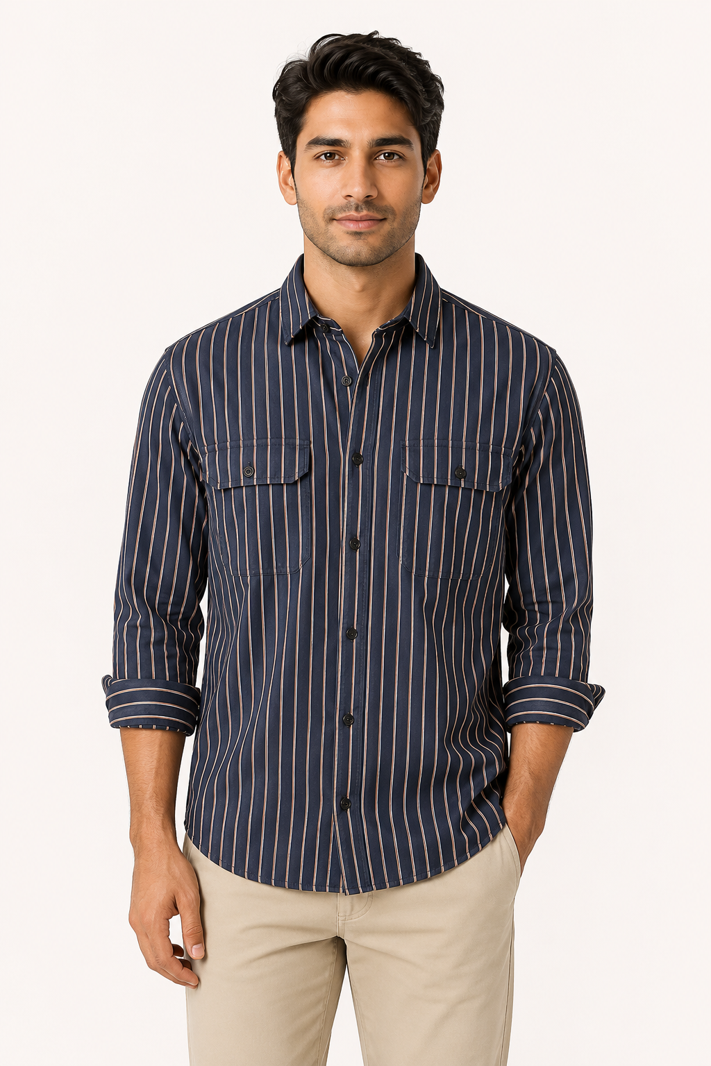 Camisa hombre estilo mediterráneo rayas manga larga bolsillos casual – Kilian
