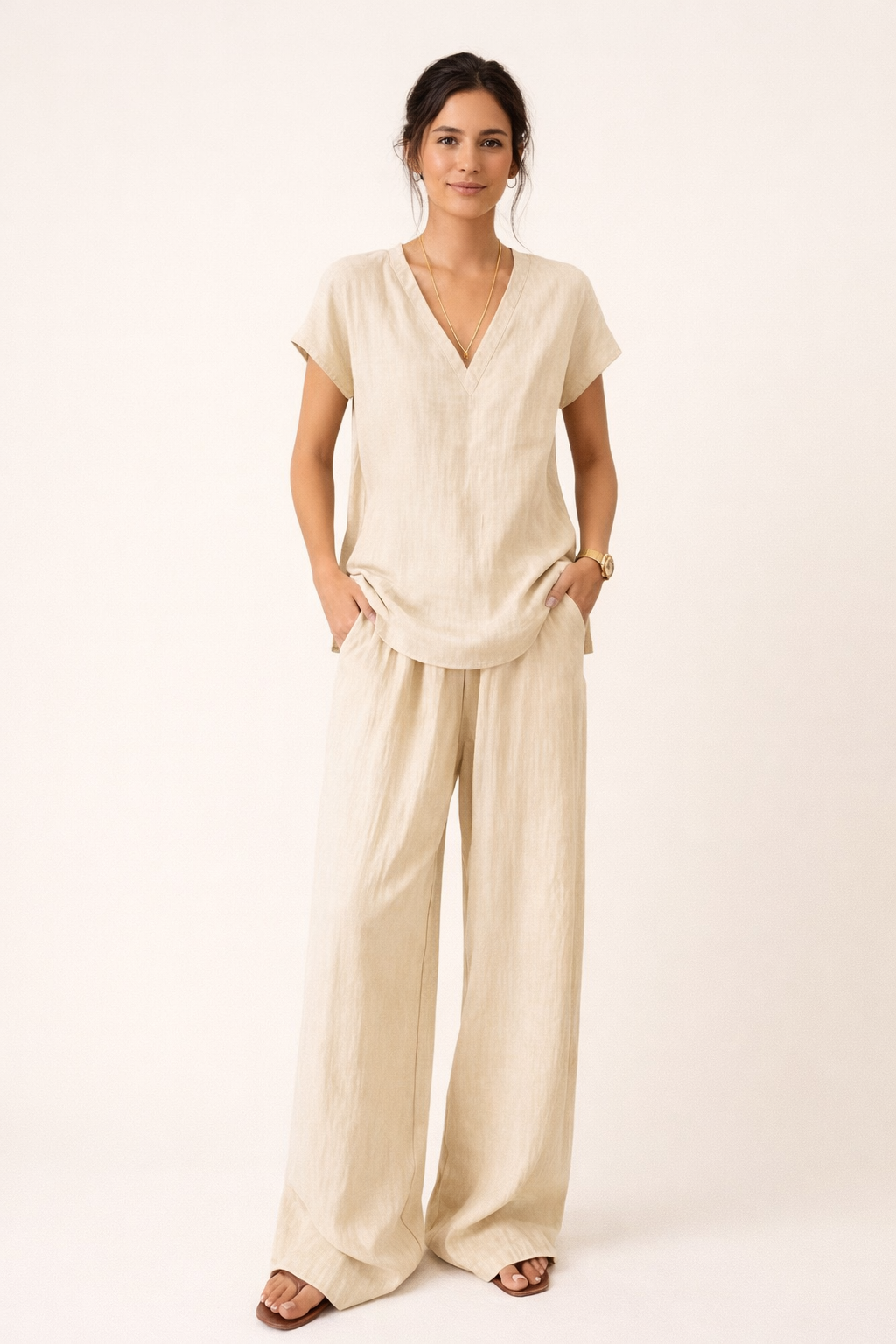 Conjunto de lino de dos piezas cuello V casual para mujer - Klarisa