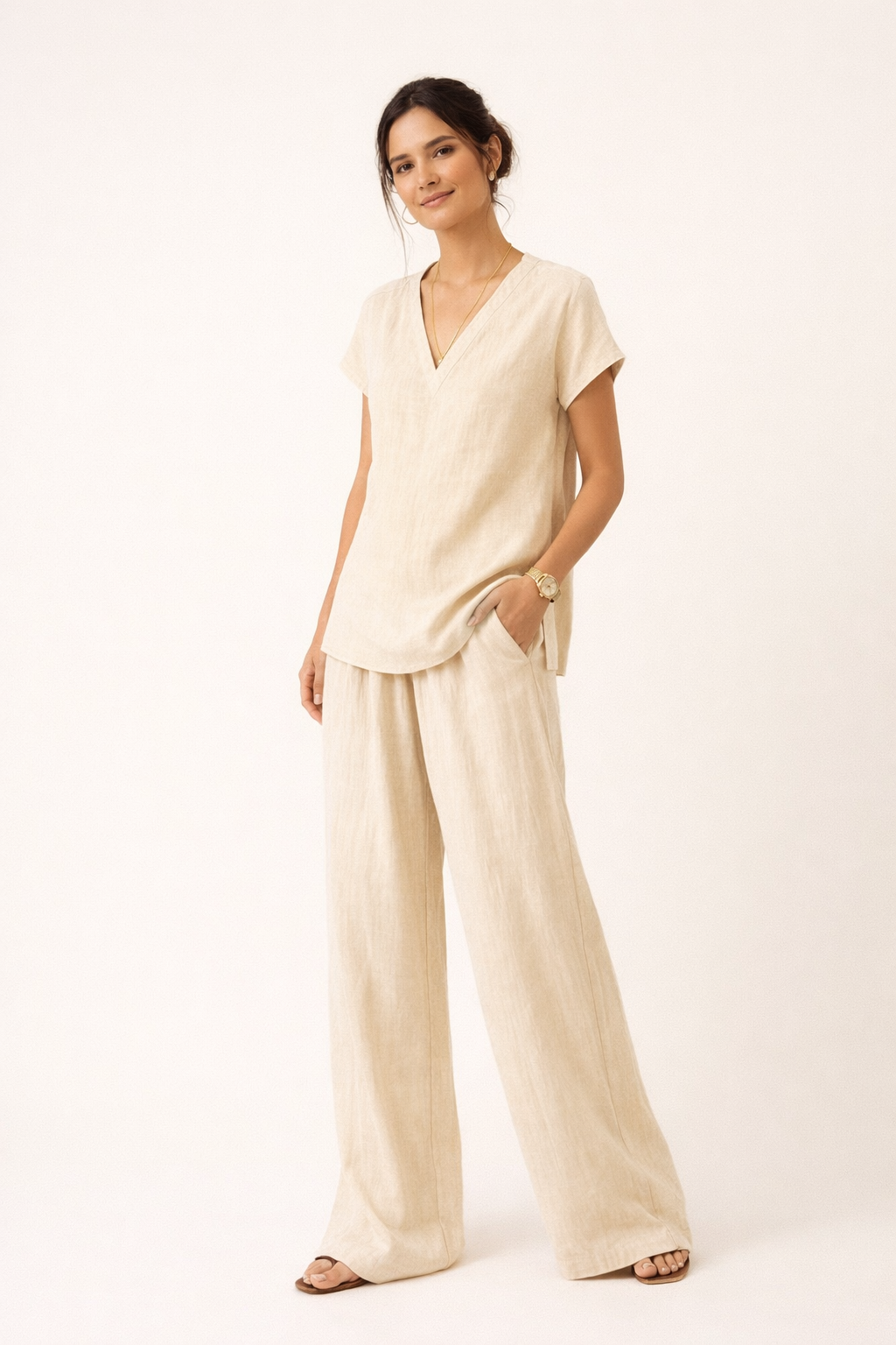 Conjunto de lino de dos piezas cuello V casual para mujer - Klarisa
