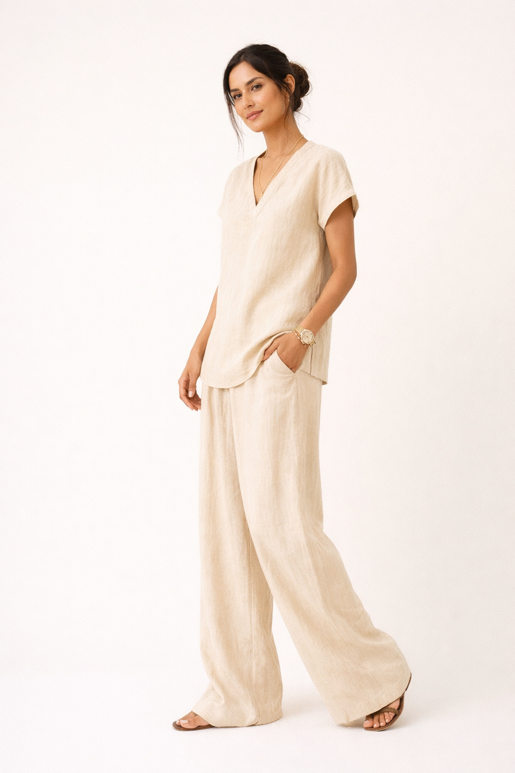 Conjunto de lino de dos piezas cuello V casual para mujer - Klarisa