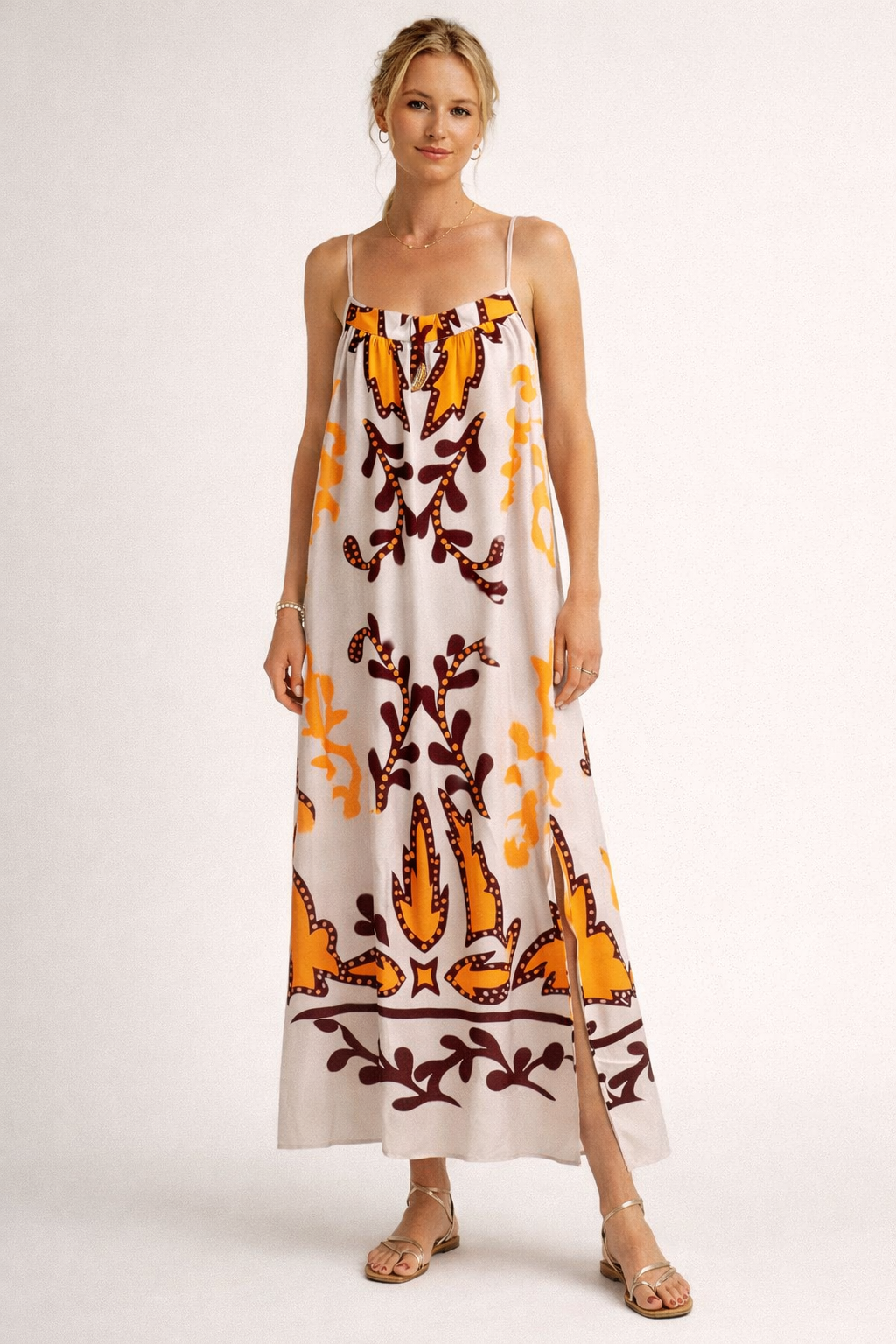 Vestido maxi estampado étnico con tirantes para mujer - Alma