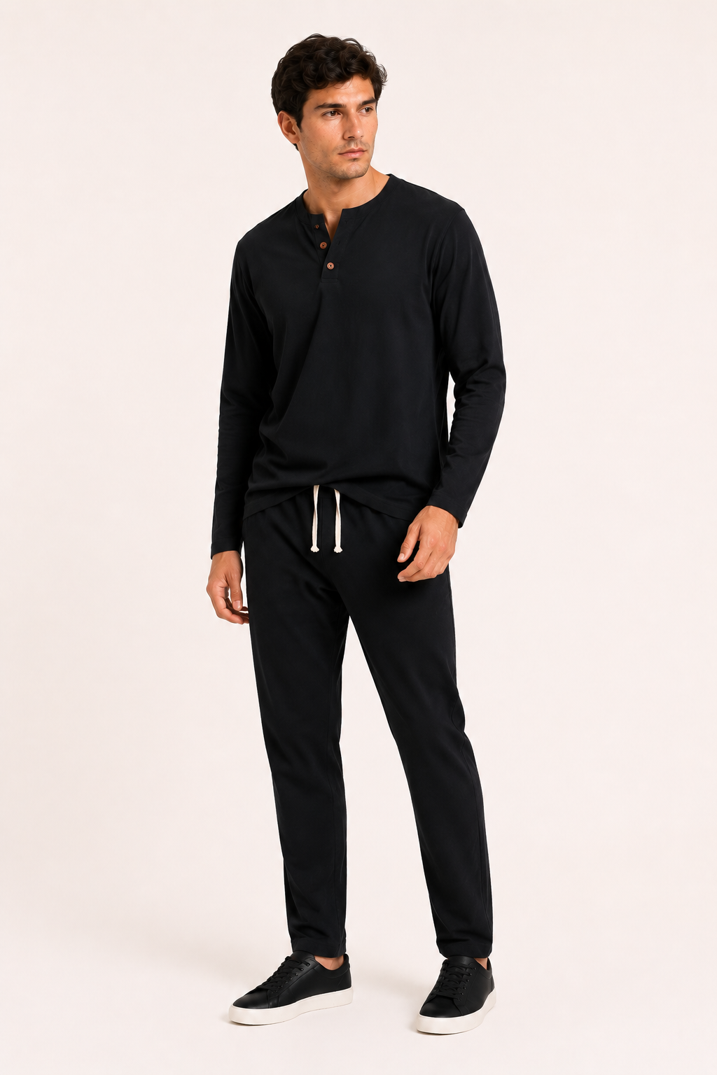 Conjunto hombre lino camiseta manga larga cuello henley pantalón casual verano – Jörg