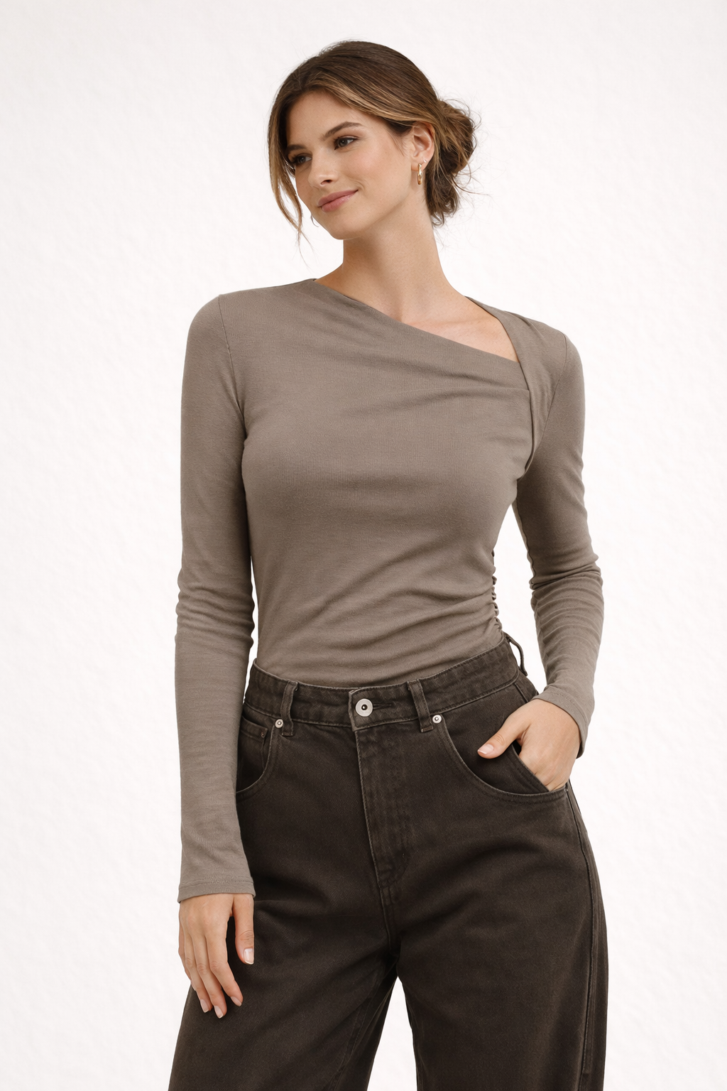 Camiseta de punto acanalado con escote asimétrico para mujer - Suria