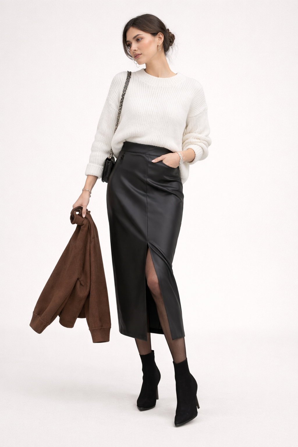 Falda midi en efecto piel con abertura frontal para mujer - Chiara