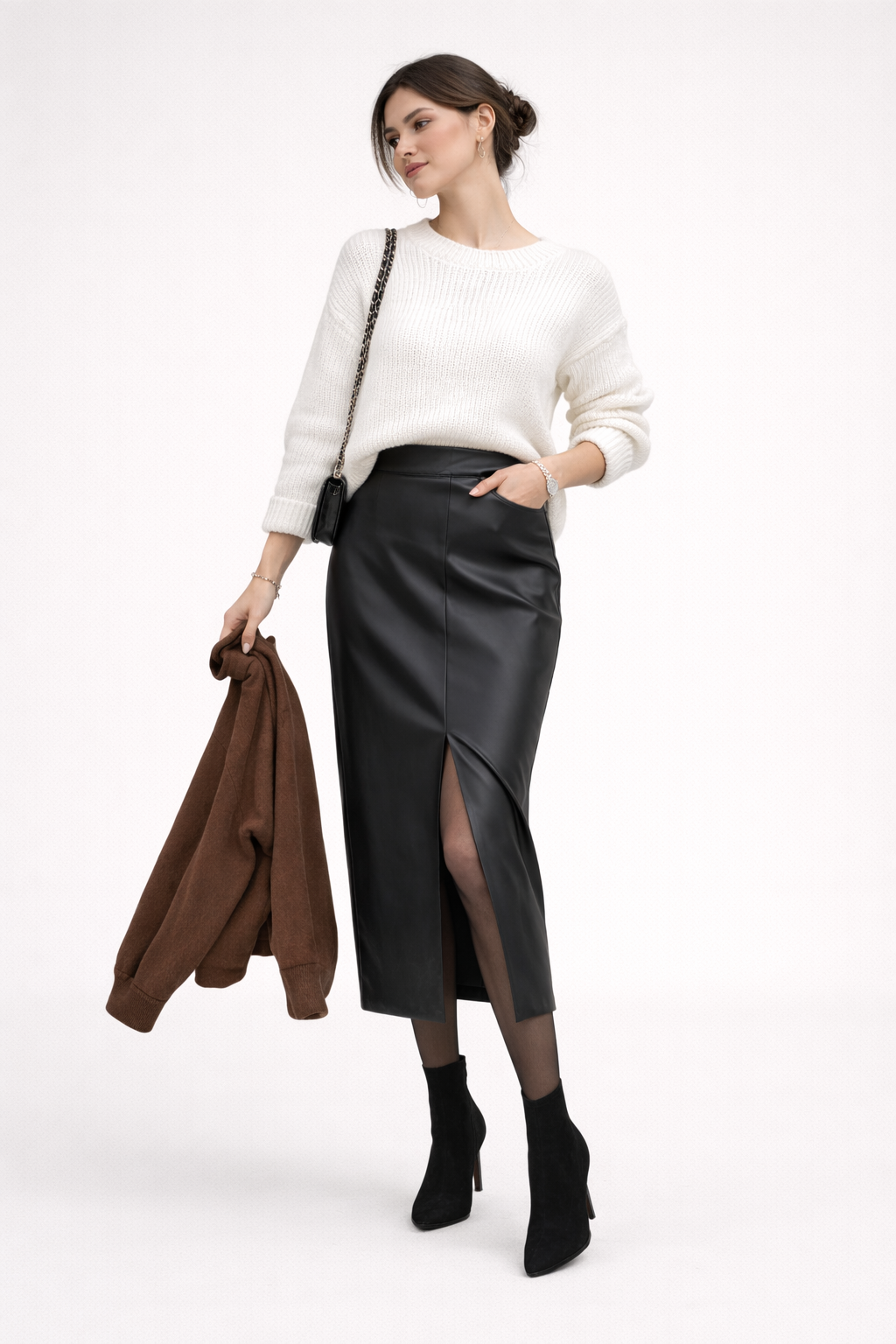 Falda midi en efecto piel con abertura frontal para mujer - Chiara