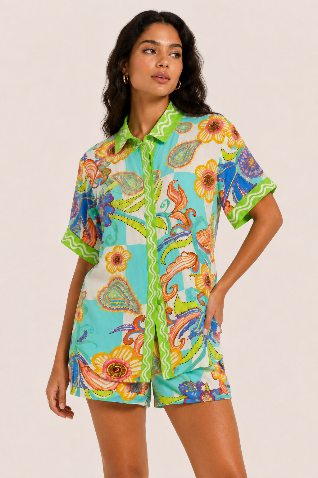 Conjunto mujer blusa estampada paisley short remate ondulado – Tabea