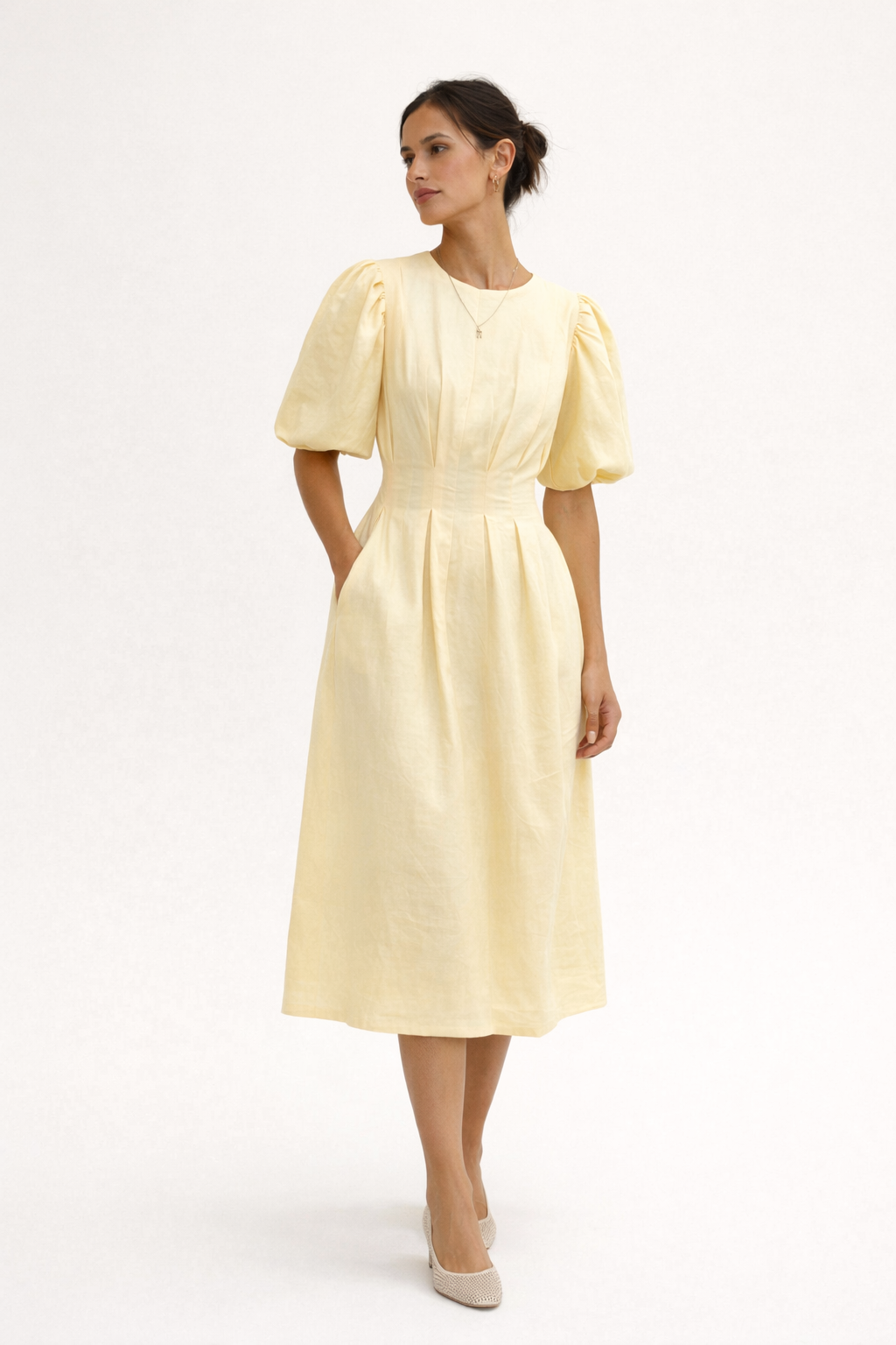 Vestido midi manga abullonada para mujer - Frieda