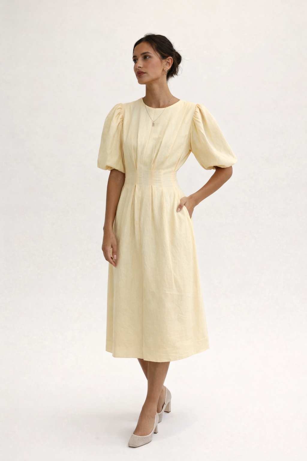 Vestido midi manga abullonada para mujer - Frieda