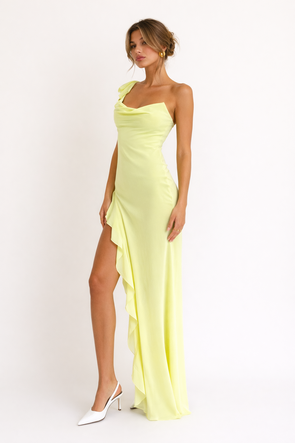 Vestido maxi satinado abertura lateral para mujer - Sieglinde