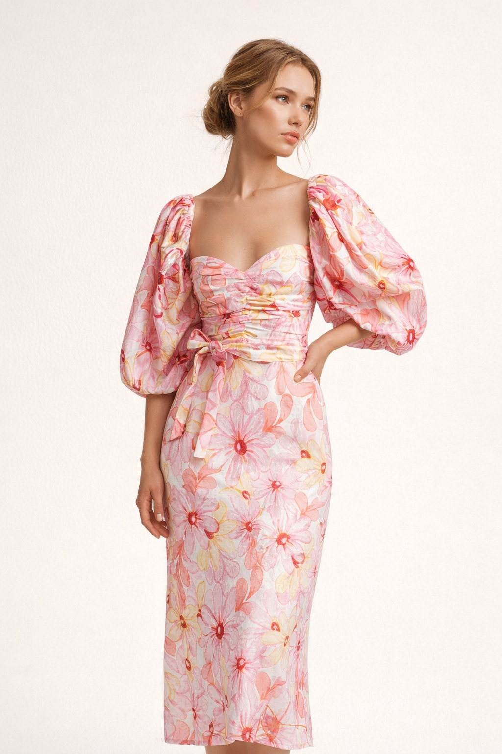 Vestido midi entallado floral con mangas abullonadas mujer - Klara
