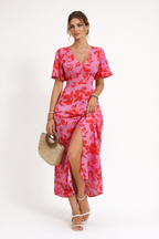 Vestido midi estampado floral abertura frontal para mujer - Amalia