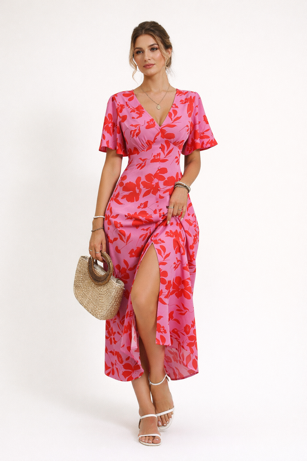 Vestido midi estampado floral abertura frontal para mujer - Amalia