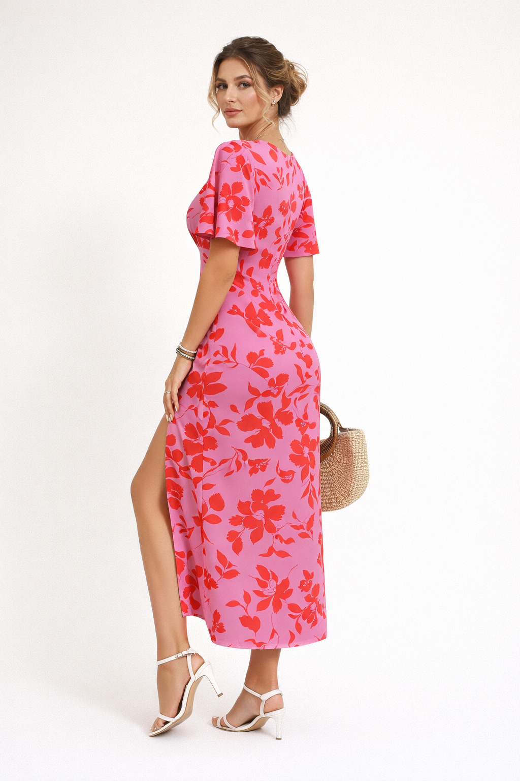 Vestido midi estampado floral abertura frontal para mujer - Amalia