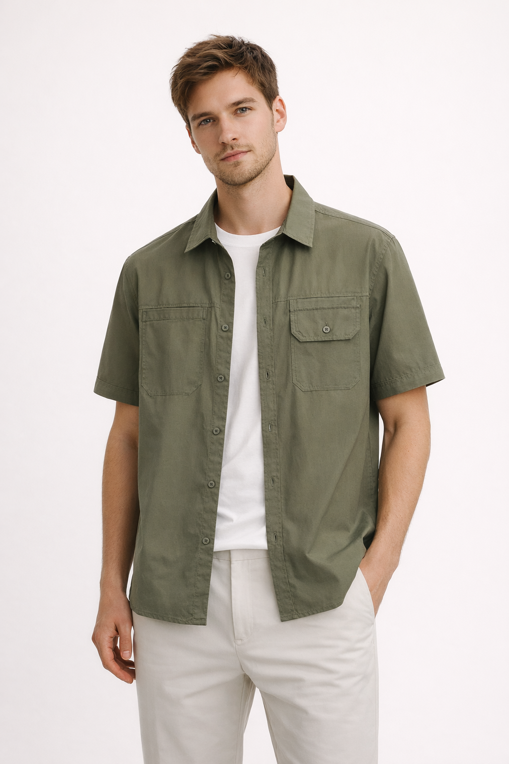 Camisa manga corta con bolsillos frontales y corte recto para hombre - Erik