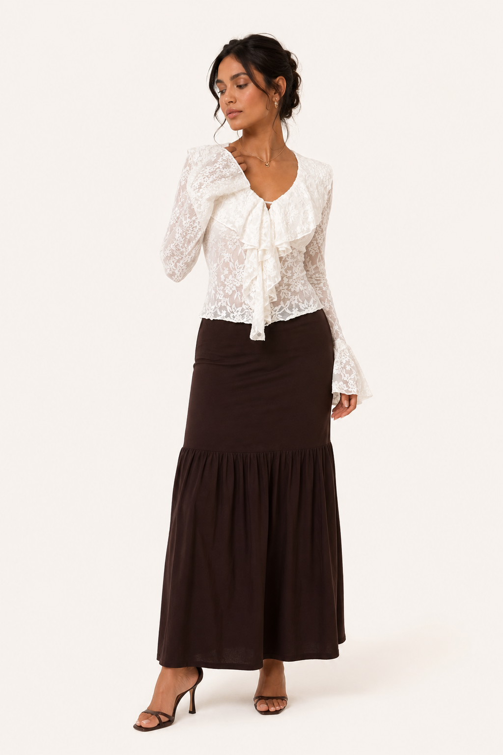 Blusa encaje mujer volante frontal semitransparente - Helena