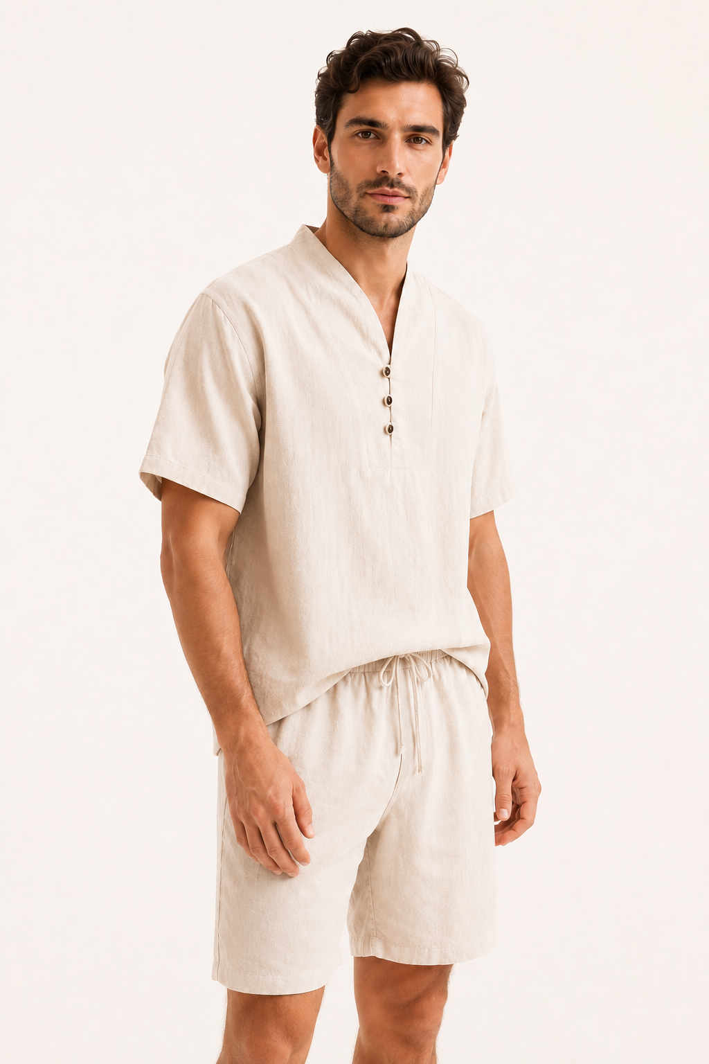 Conjunto hombre lino algodón camisa cuello mao short – Armin
