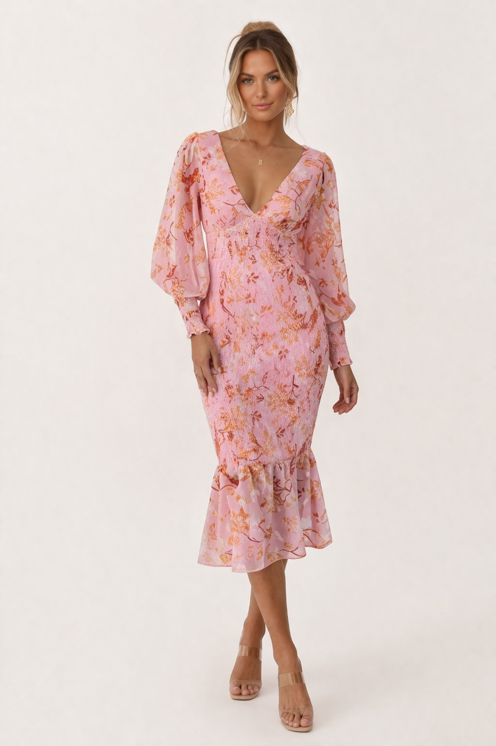 Vestido midi floral entallado con escote en pico para mujer - Chiara