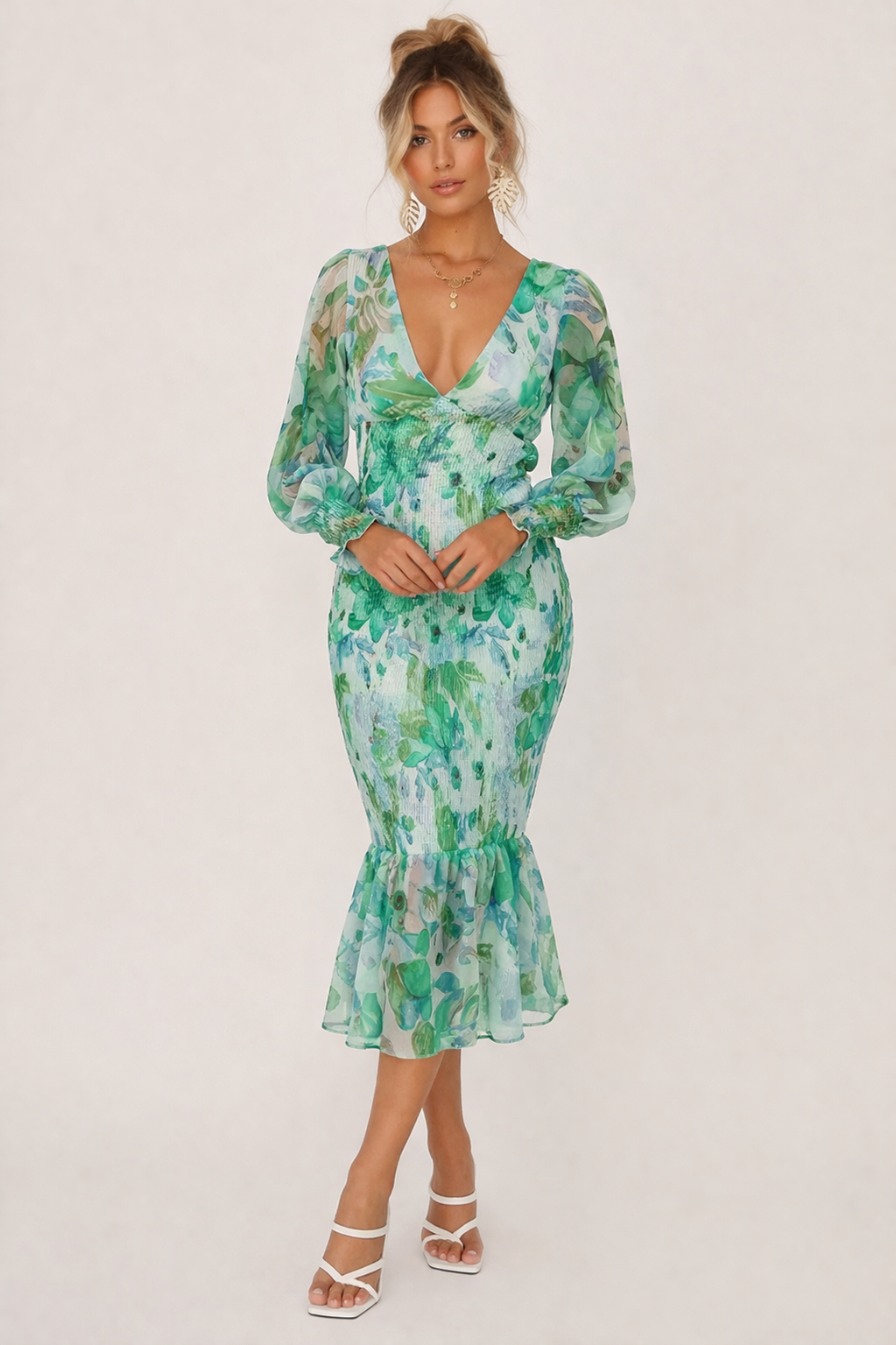 Vestido midi floral entallado con escote en pico para mujer - Chiara