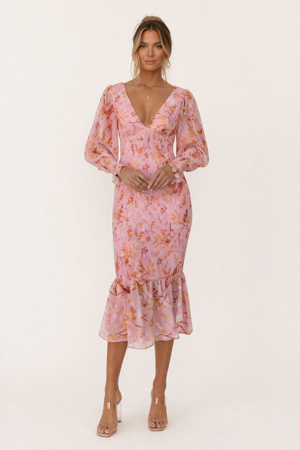 Vestido midi floral entallado con escote en pico para mujer - Chiara