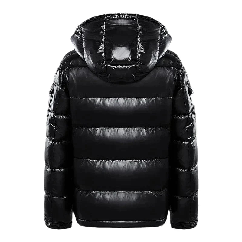 Chaqueta puffer hombre capucha gruesa negro brillante bolsillos cremalleras invierno - Diego