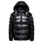 Chaqueta puffer hombre capucha gruesa negro brillante bolsillos cremalleras invierno - Diego
