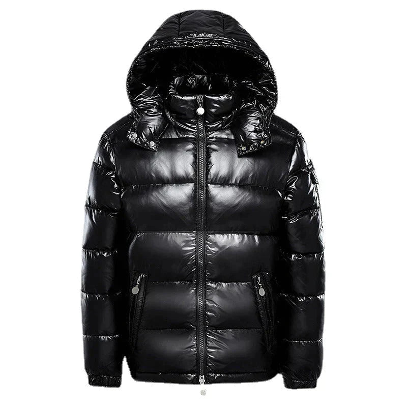 Chaqueta puffer hombre capucha gruesa negro brillante bolsillos cremalleras invierno - Diego