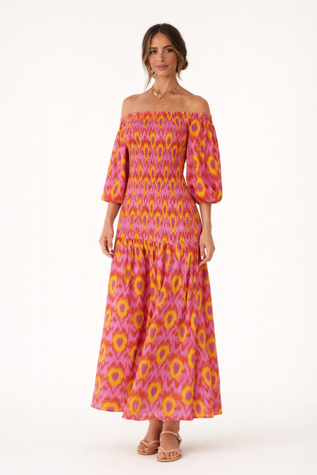 Vestido largo hombros descubiertos fruncido para mujer - Anna