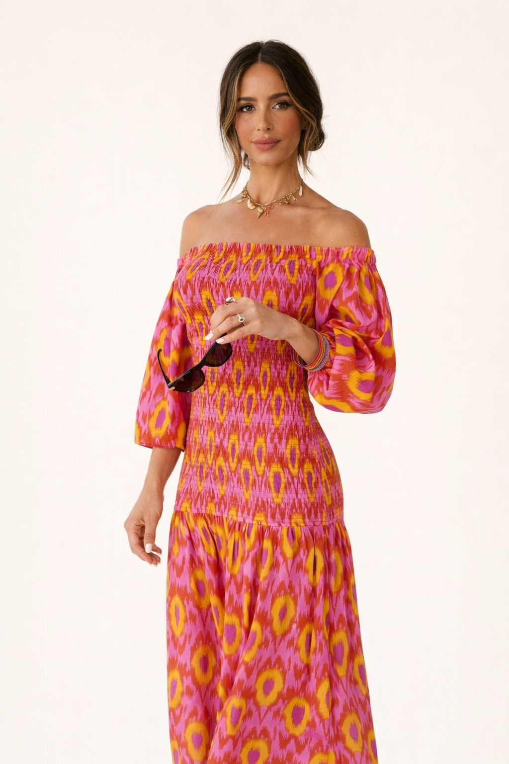 Vestido largo hombros descubiertos fruncido para mujer - Anna