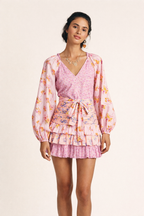 Vestido boho corto cruzado con volantes para mujer - Cinzia