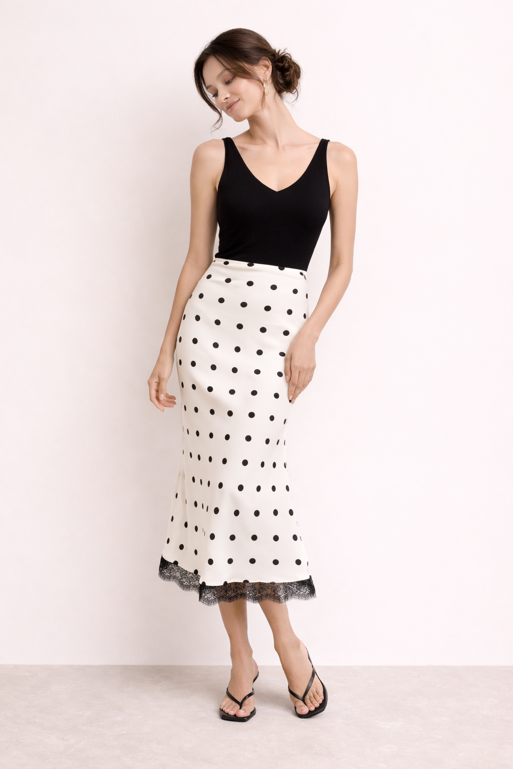 Falda midi mujer estampado lunares detalle encaje estilo elegante - Solenne