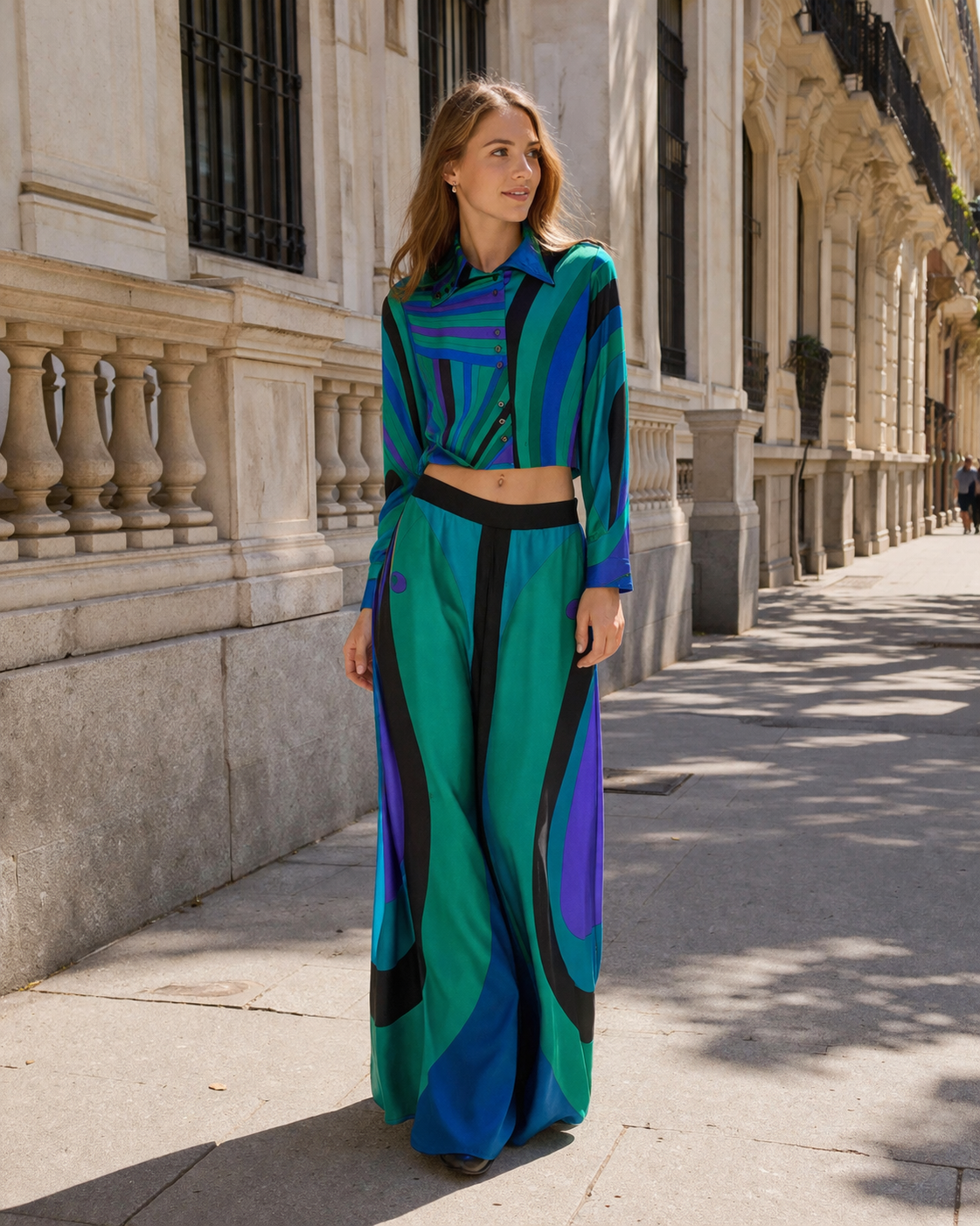 Conjunto mujer top manga larga pantalón ancho estampado elegante - Jenna