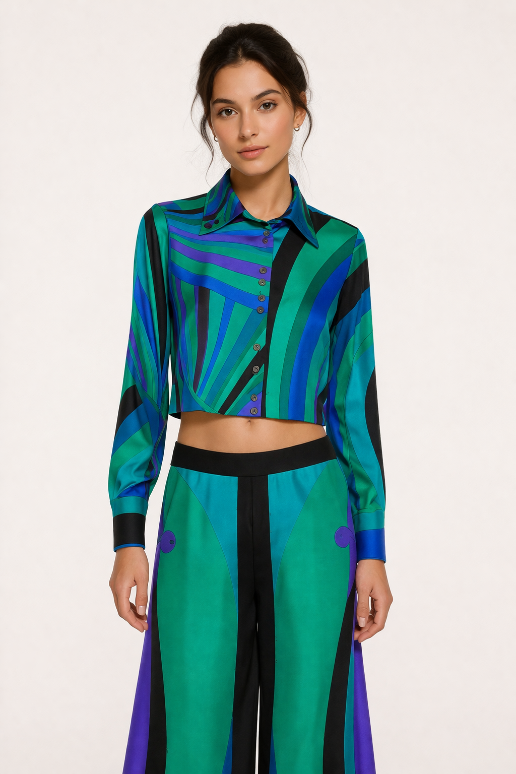 Conjunto mujer top manga larga pantalón ancho estampado elegante - Jenna