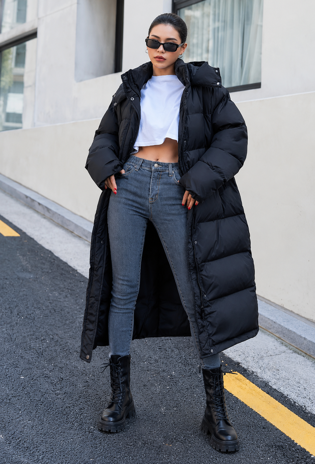 Abrigo acolchado largo mujer corte oversize capucha cuello alto - Selma