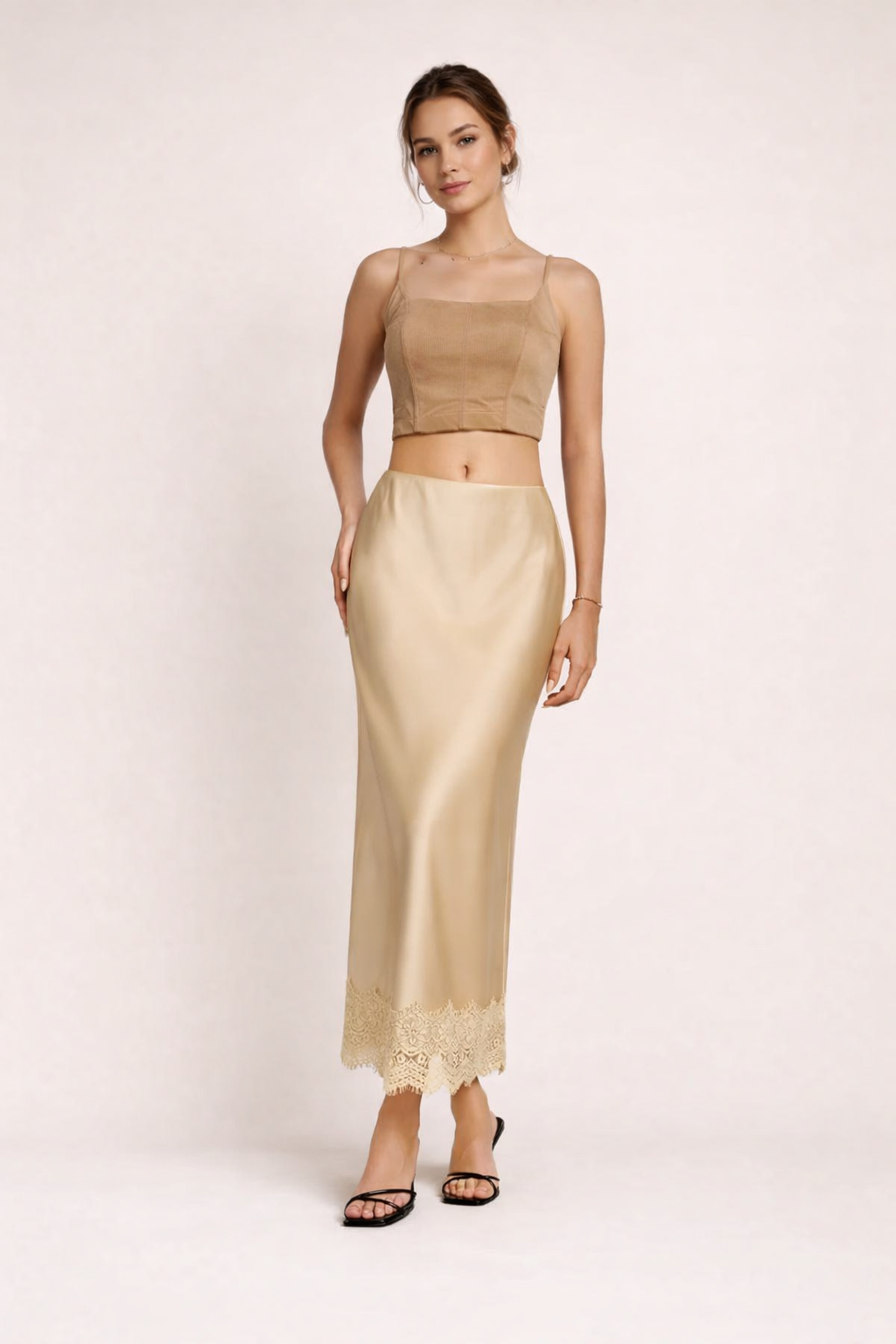 Falda maxi mujer acabado liso detalle encaje estilo elegante - Mireya