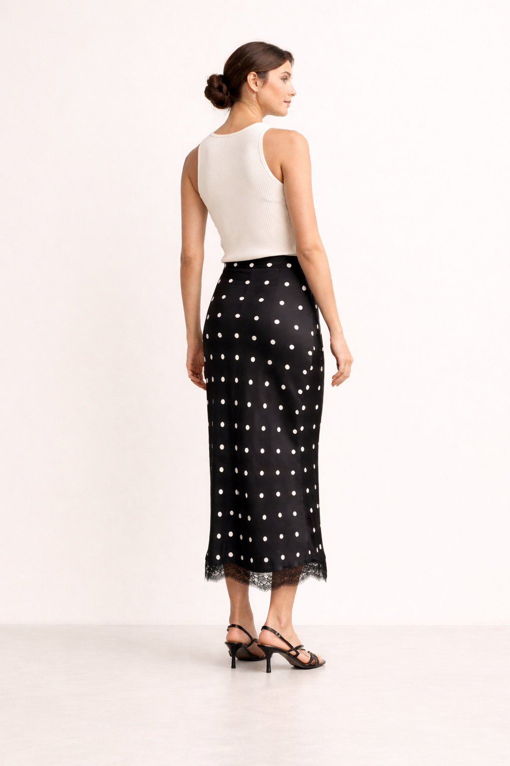 Falda midi mujer estampado lunares detalle encaje estilo elegante - Solenne