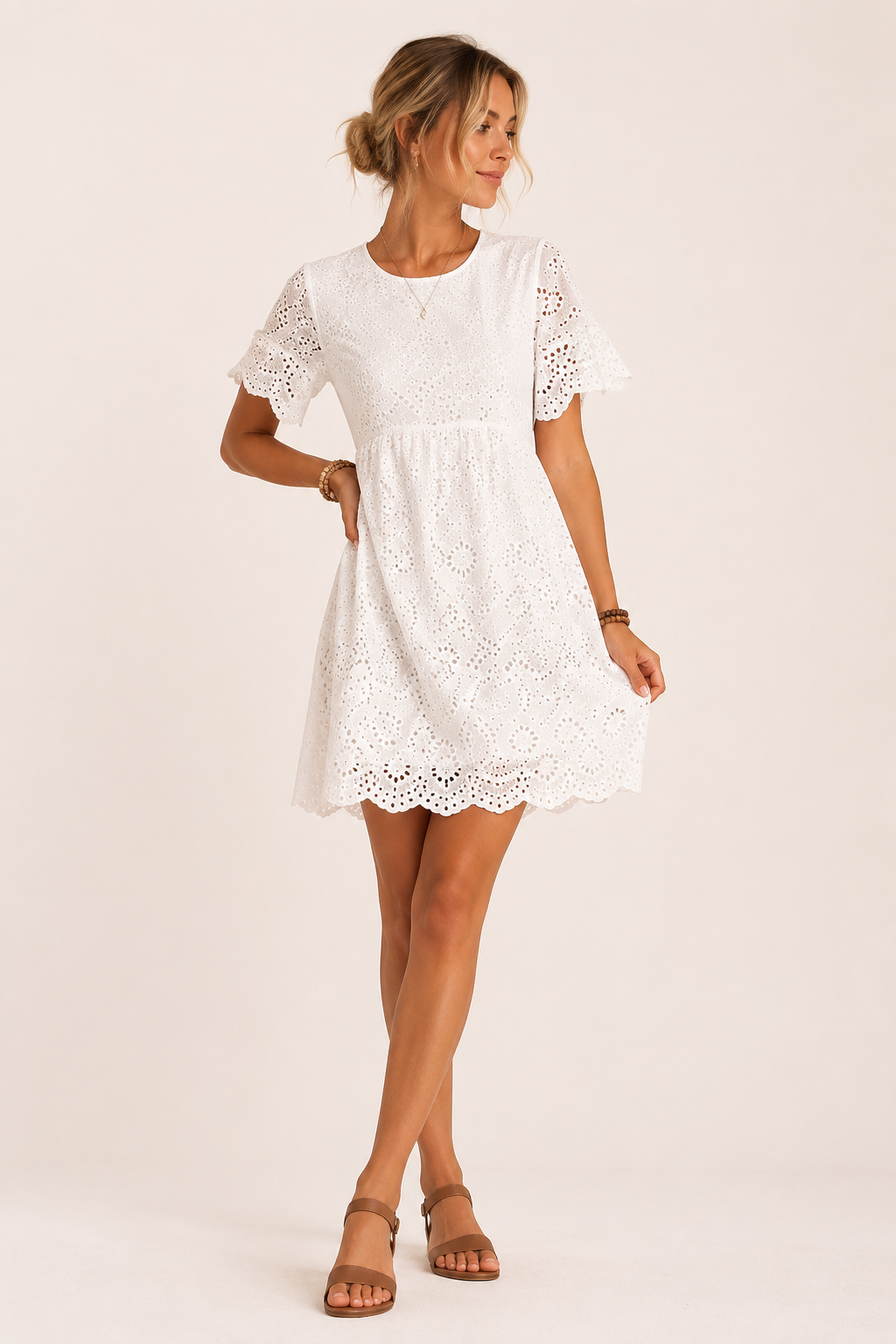 Vestido mujer midi bordado con cintura alta y escote en V - Ferchna