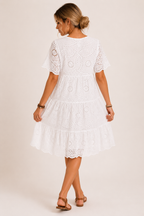 Vestido mujer midi bordado con cintura alta y escote en V - Ferchna