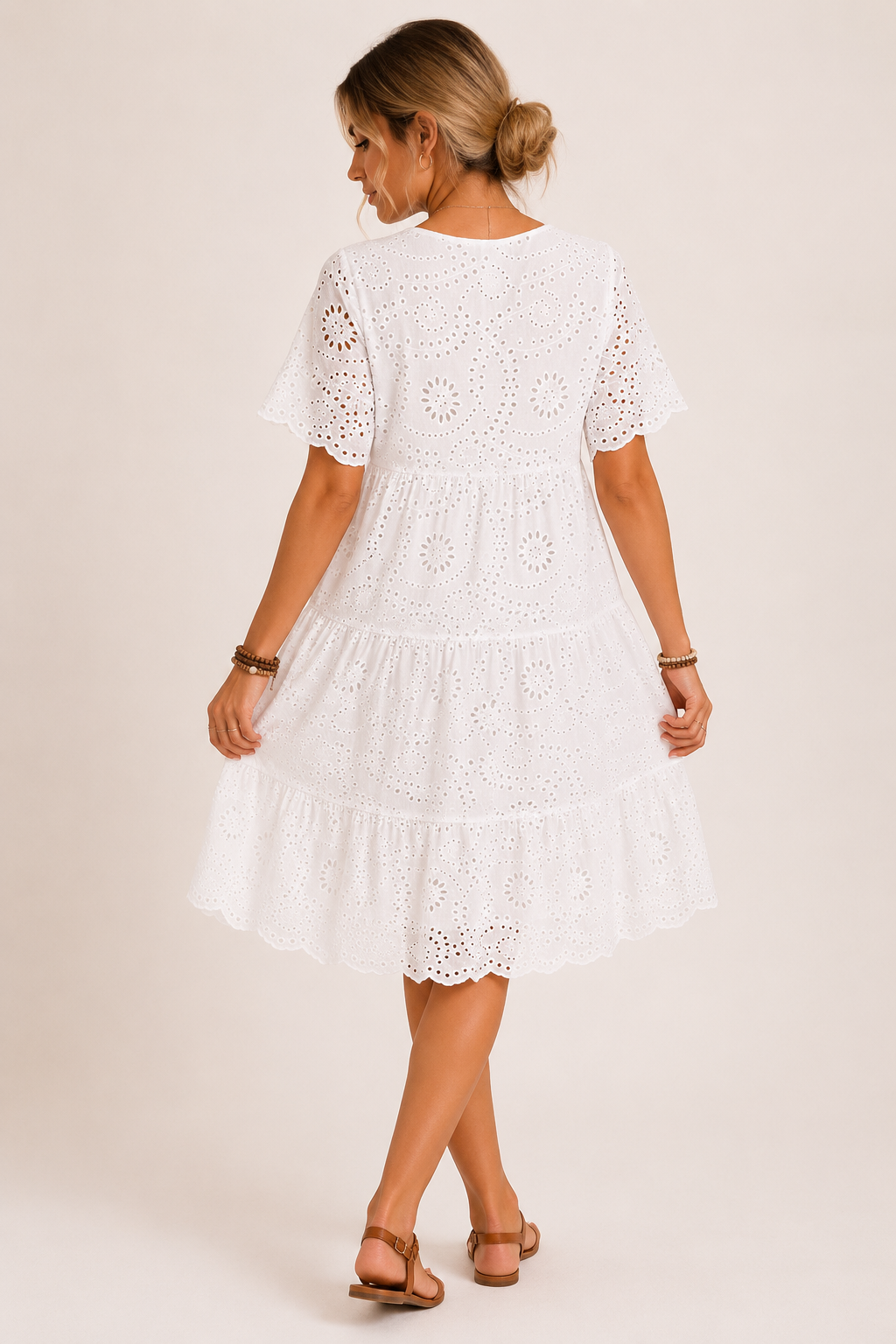Vestido mujer midi bordado con cintura alta y escote en V - Ferchna