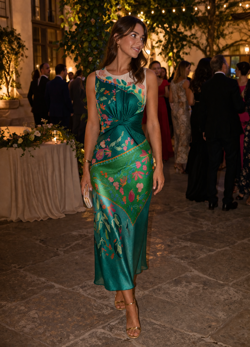 Vestido mujer midi estampado elegante sin mangas estilo verano fiesta - Agnese