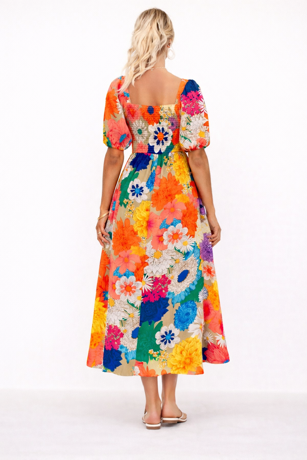 Vestido midi estampado floral escote en V manga corta abullonada - Elviane